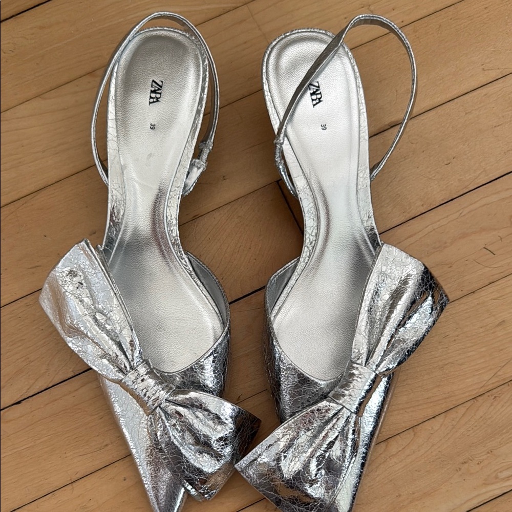 Zara Silver Heels with Bow Detail